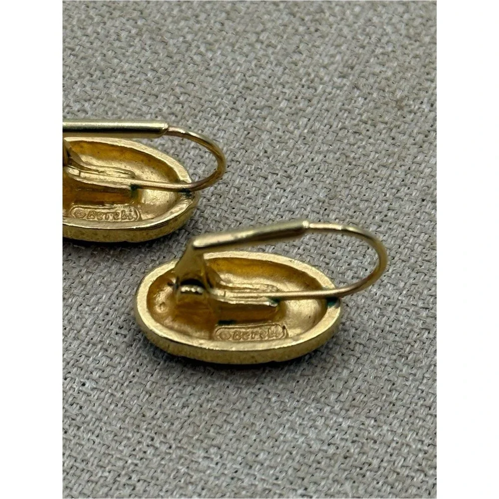 Vintage Egyptian Gold-Tone Oval Drop Earrings with Blue Enamel Accent